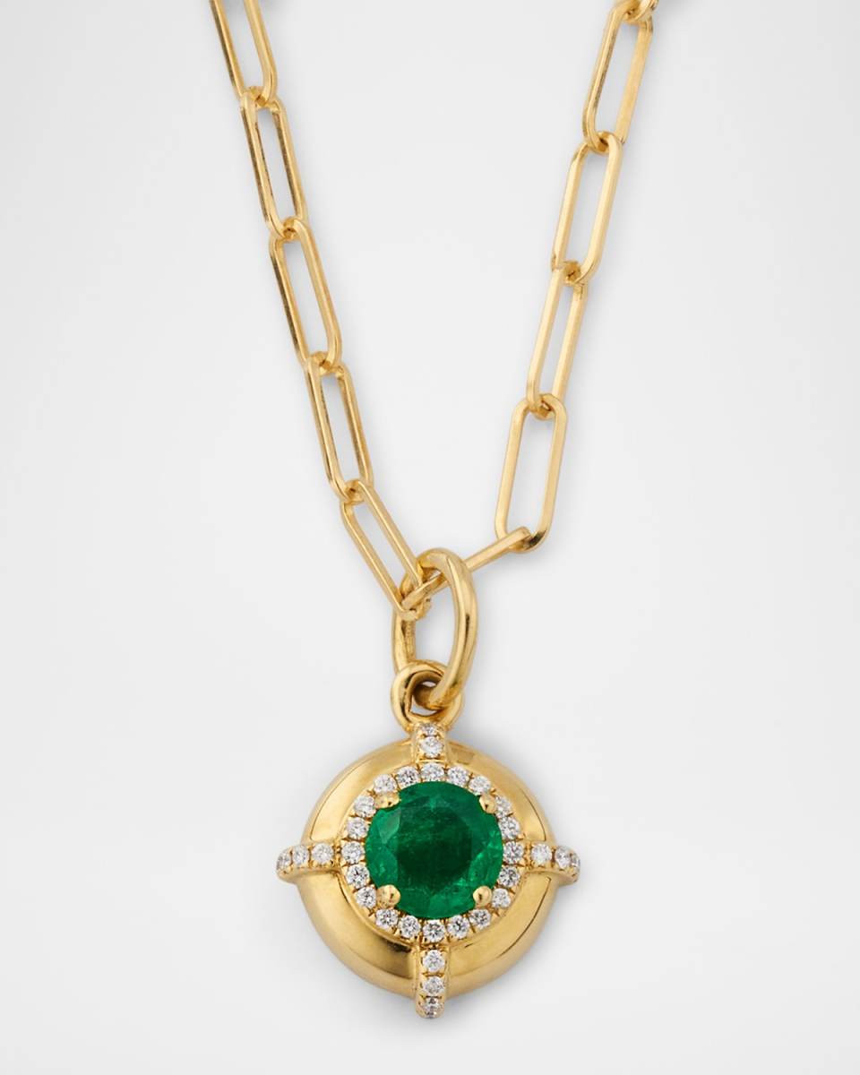 Limited Edition 18K Yellow Gold Faceted Round Emerald Medallion Pendant Necklace with Diamonds